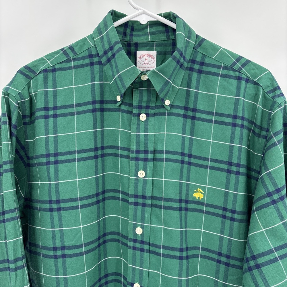 Brooks Brothers Original Polo Shirt Mens Medium Supima Cotton Green Plaid Button